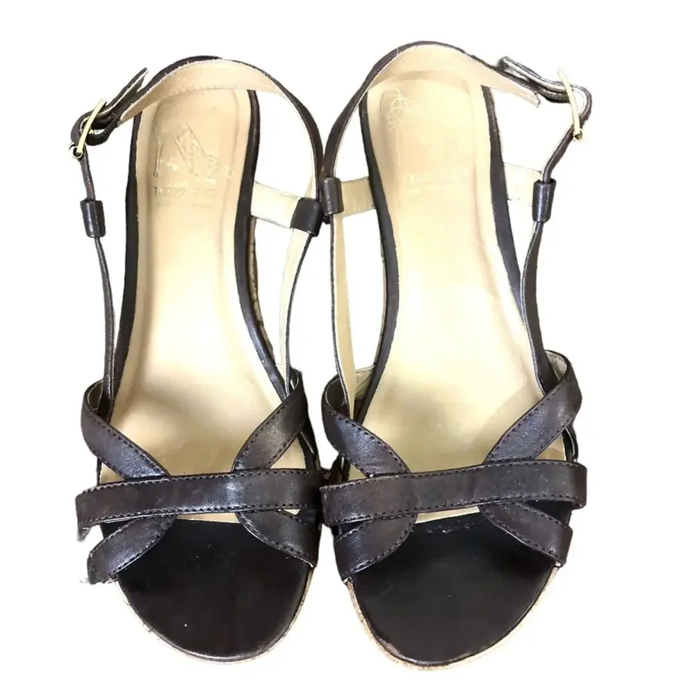 10022-Shoe Saks Fifth Avenue Brown Leather Strap Cork Wedges Size 7